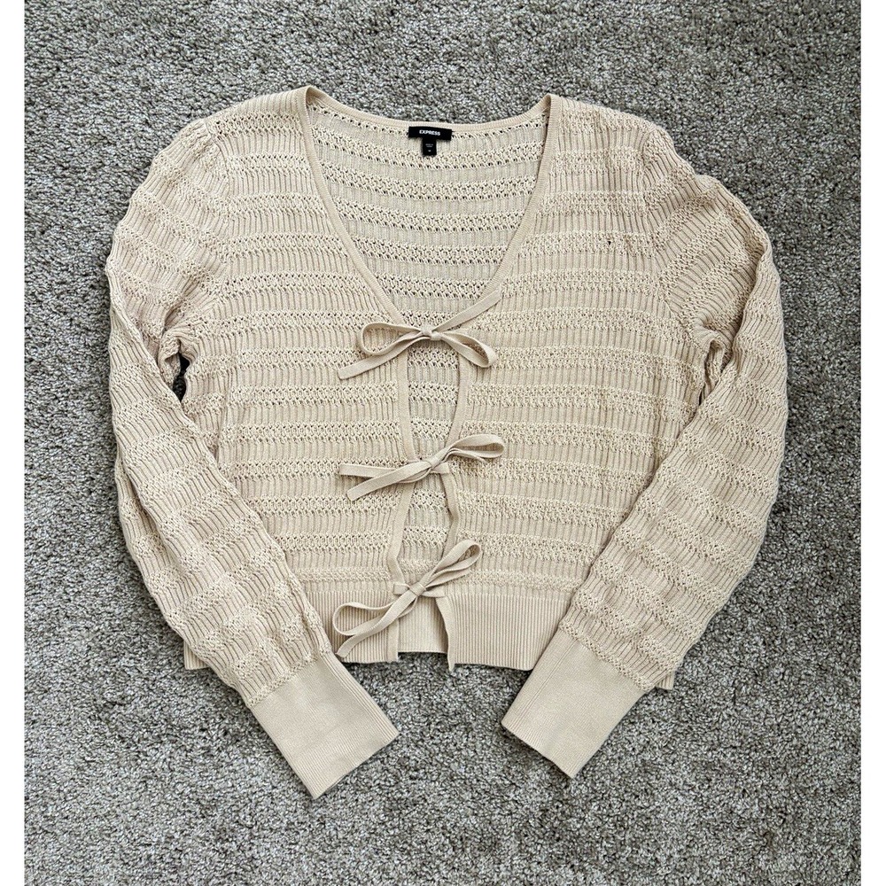Express Cream Bow Tie-Front Lightweight Sweater M